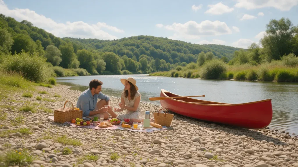 Couple pique-niquant sur une plage de galets près d'un canoë rouge, Dordogne en amoureux