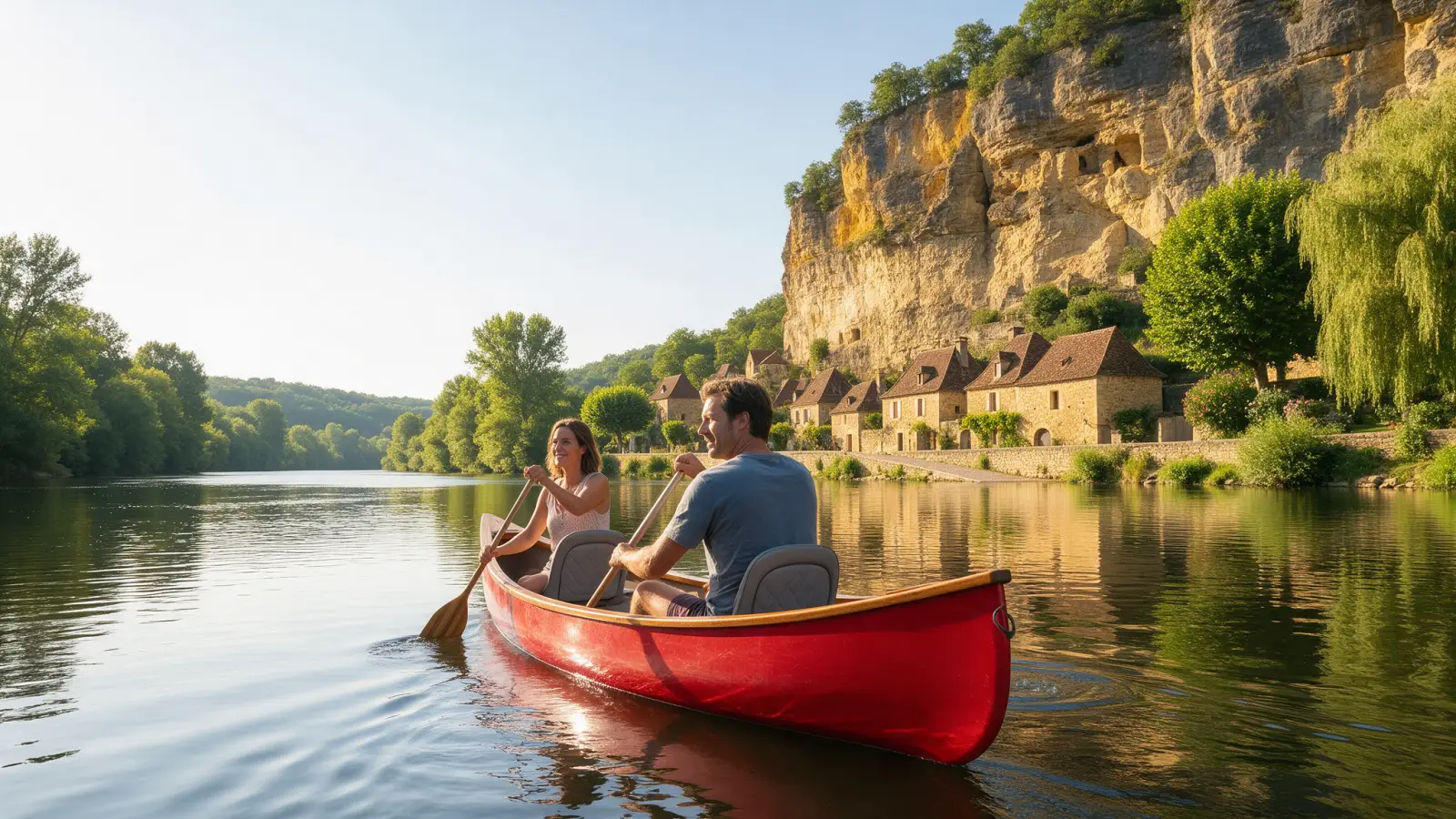 Canoë à La Roque-Gageac : deux adultes pagayant au pied d'une falaise dorée