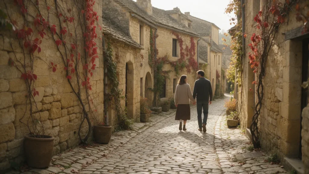 Couple main dans la main en ruelle pavée, week-end en Dordogne en amoureux