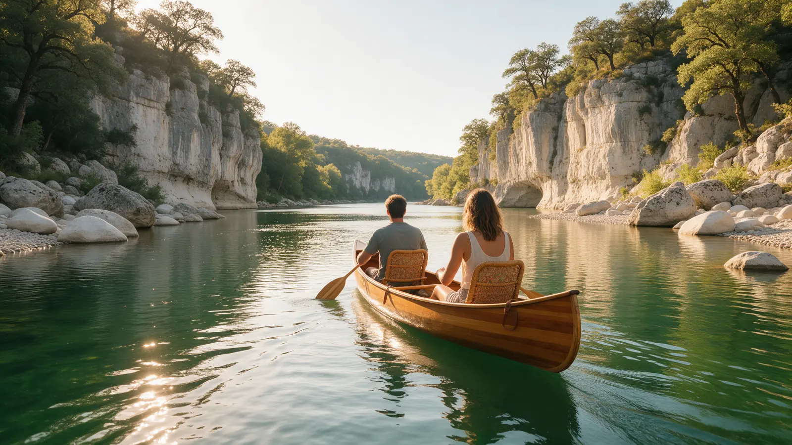 Couple en canoë pour un week-end en Dordogne en amoureux entre falaises calcaires